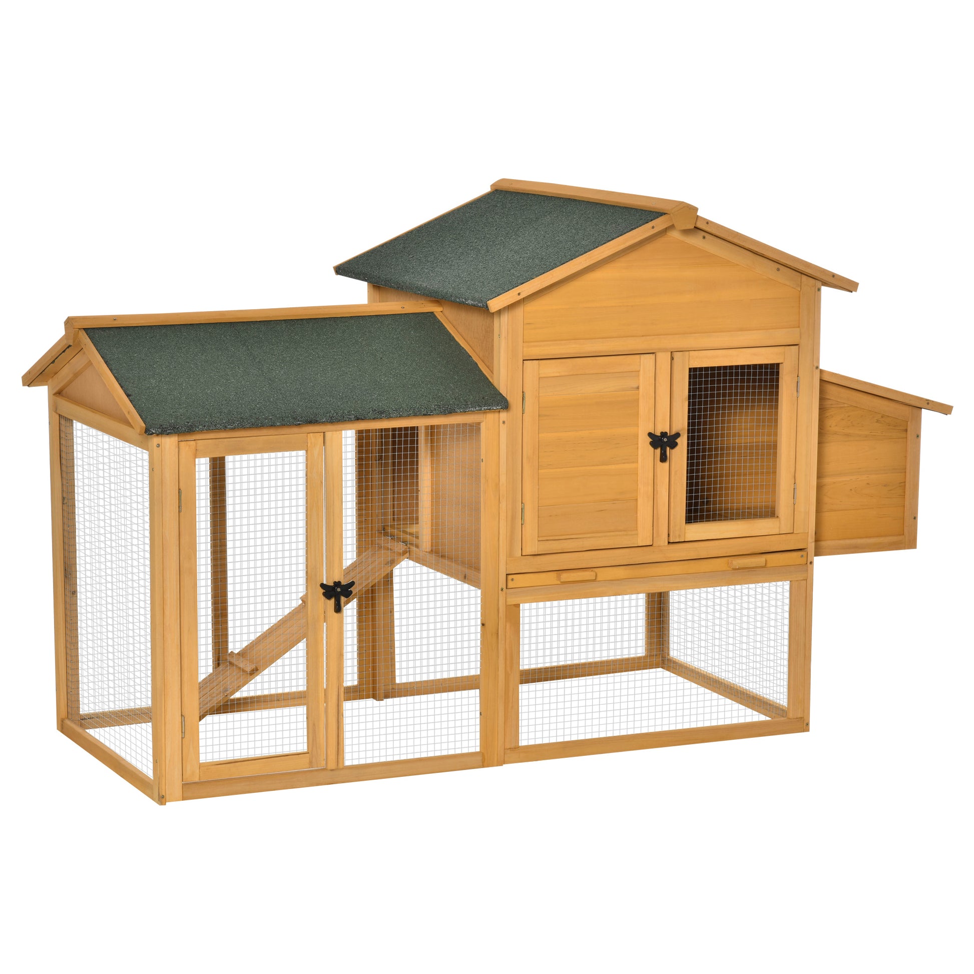 Chicken Coop with House and Open Area, Nest with Openable Roof and Wire Mesh, Yellow Wooden Chicken Coop, 168x75x103cm