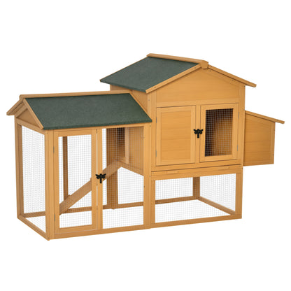 Chicken Coop with House and Open Area, Nest with Openable Roof and Wire Mesh, Yellow Wooden Chicken Coop, 168x75x103cm