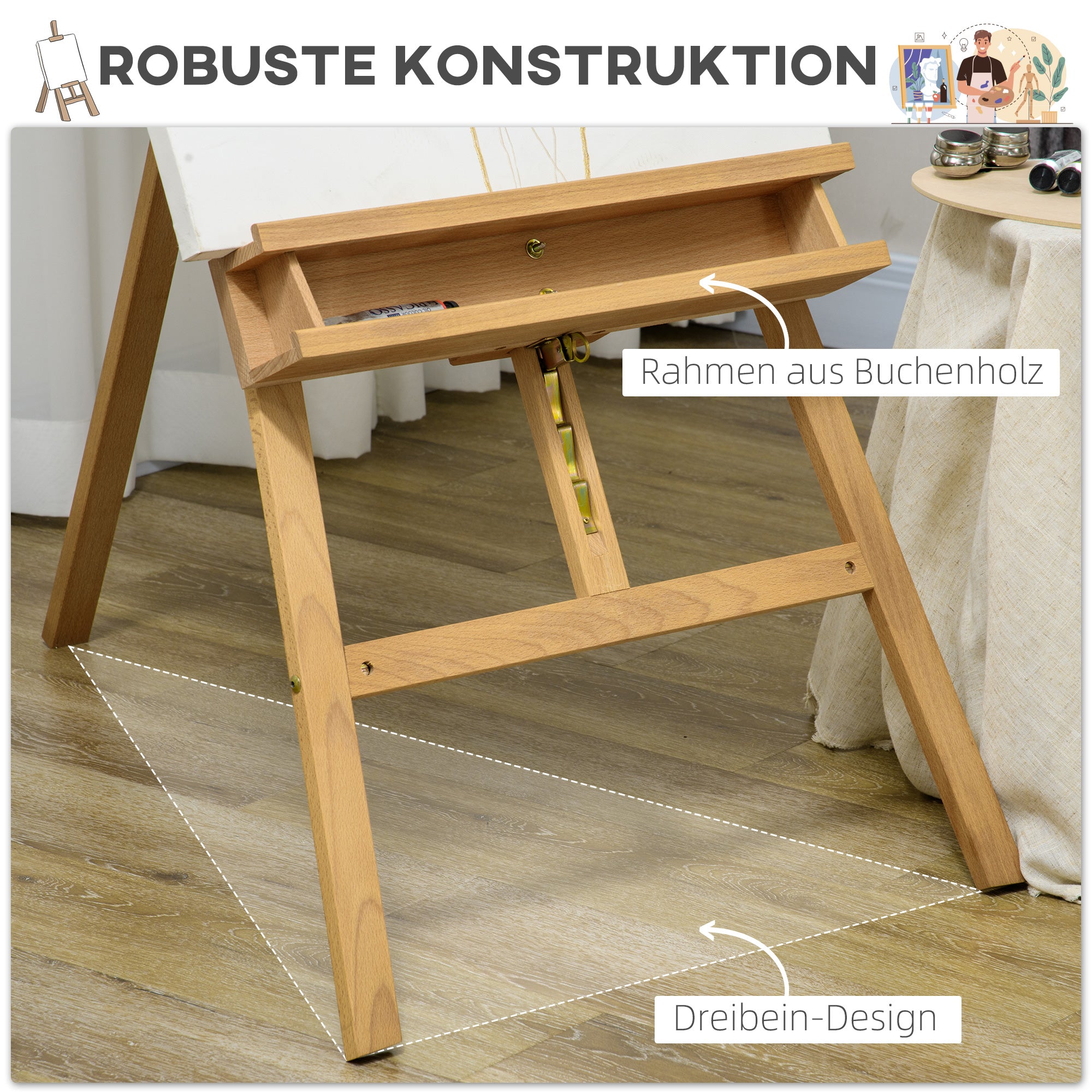 Easel Stand Easel Folding Studio Easel Height Adjustable Canvas Stand with Holder for Canvases, Art Painting, Wood, up to 120 cm Height