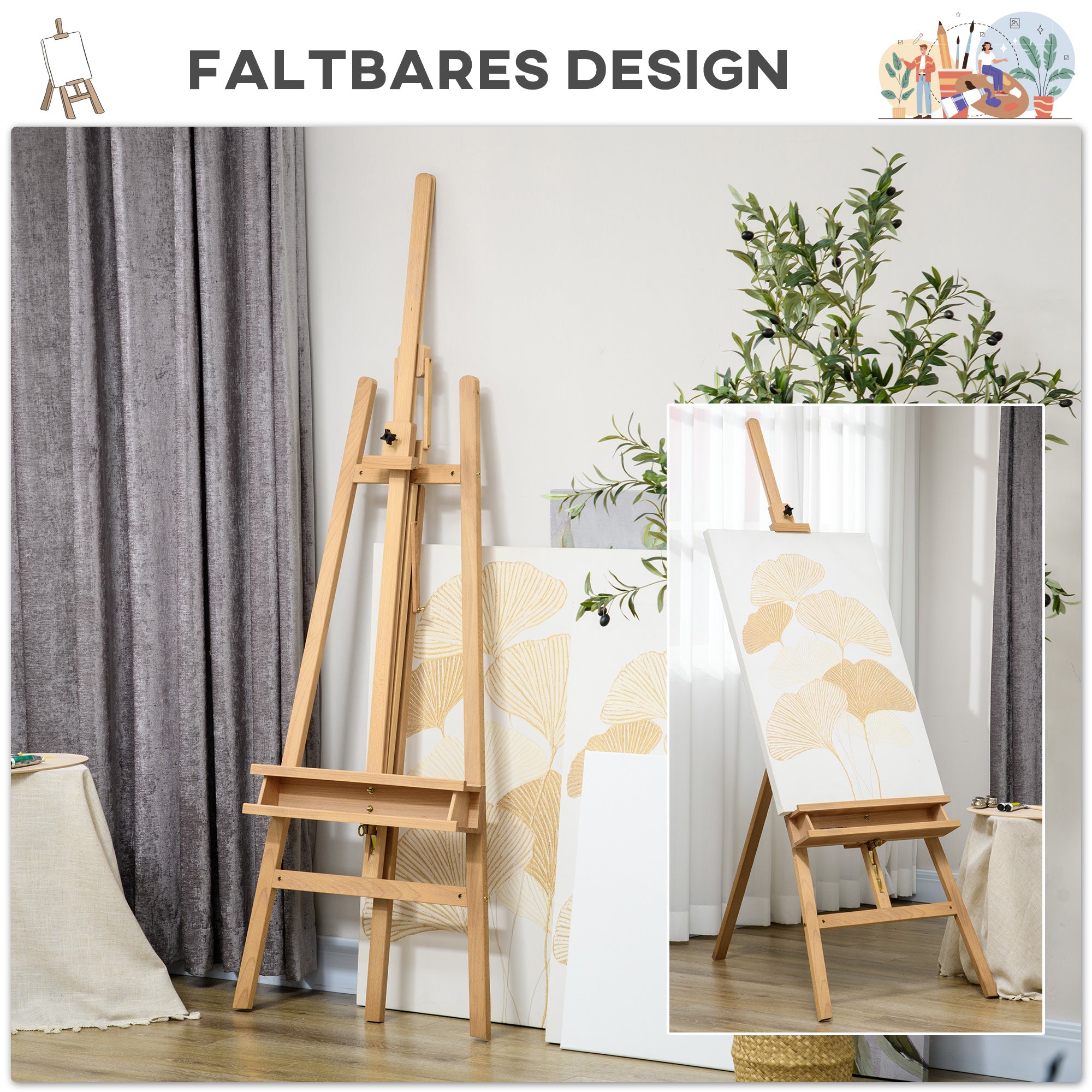 Easel Stand Easel Folding Studio Easel Height Adjustable Canvas Stand with Holder for Canvases, Art Painting, Wood, up to 120 cm Height