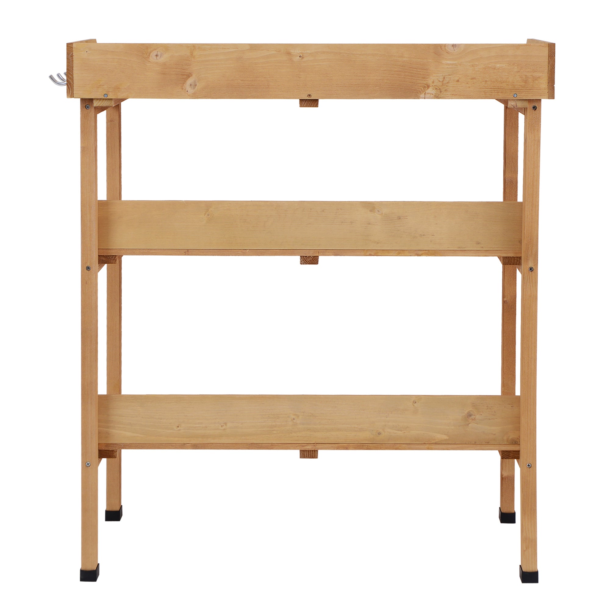 3-Tier Wooden Planting Table Gardening Table with Metal Plate, 2 Shelves, and Hooks Weather-Resistant for Garden Terrace Balcony 76x37x89 cm Natural Wood