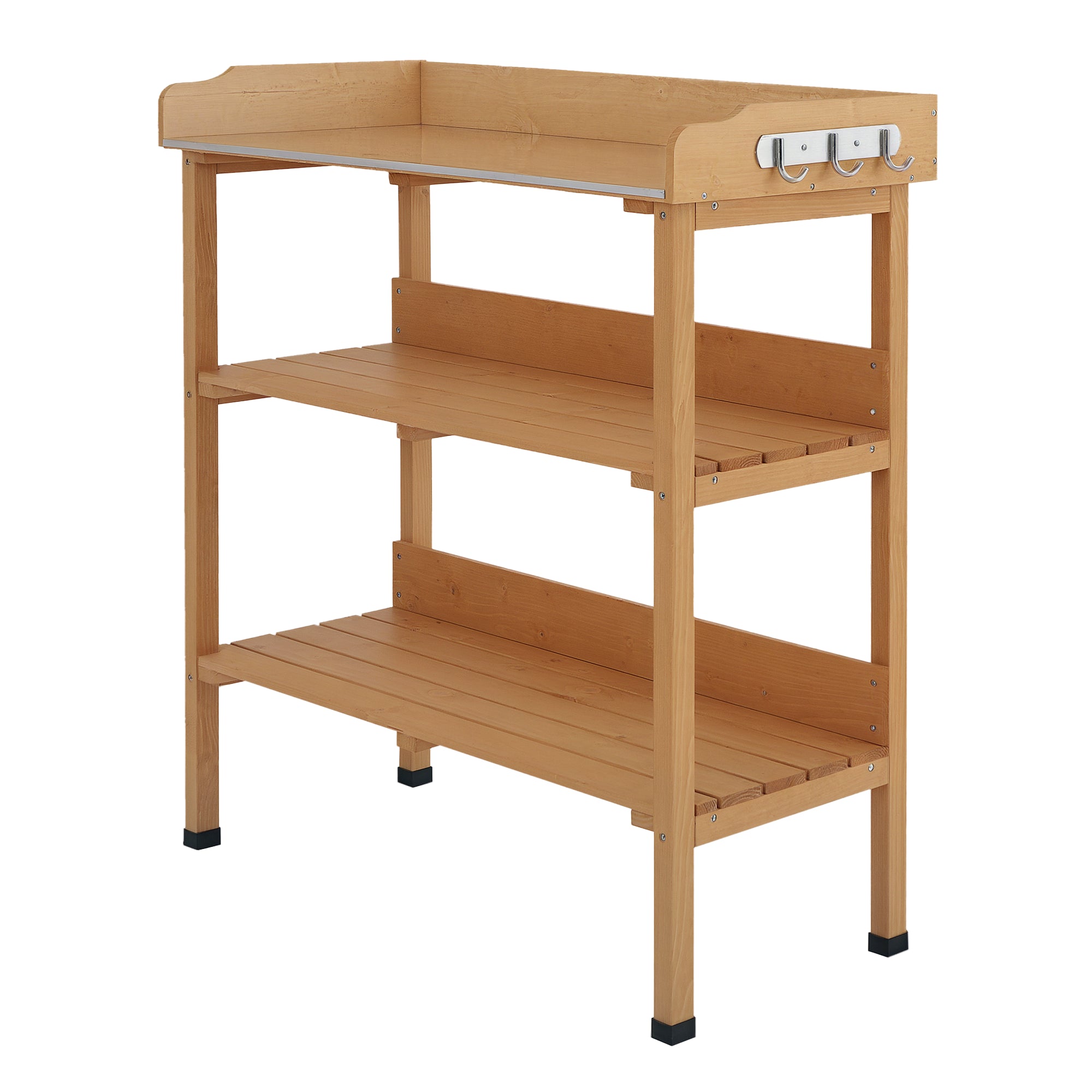 3-Tier Wooden Planting Table Gardening Table with Metal Plate, 2 Shelves, and Hooks Weather-Resistant for Garden Terrace Balcony 76x37x89 cm Natural Wood
