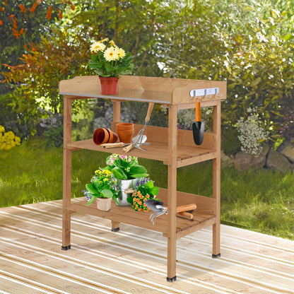 3-Tier Wooden Planting Table Gardening Table with Metal Plate, 2 Shelves, and Hooks Weather-Resistant for Garden Terrace Balcony 76x37x89 cm Natural Wood