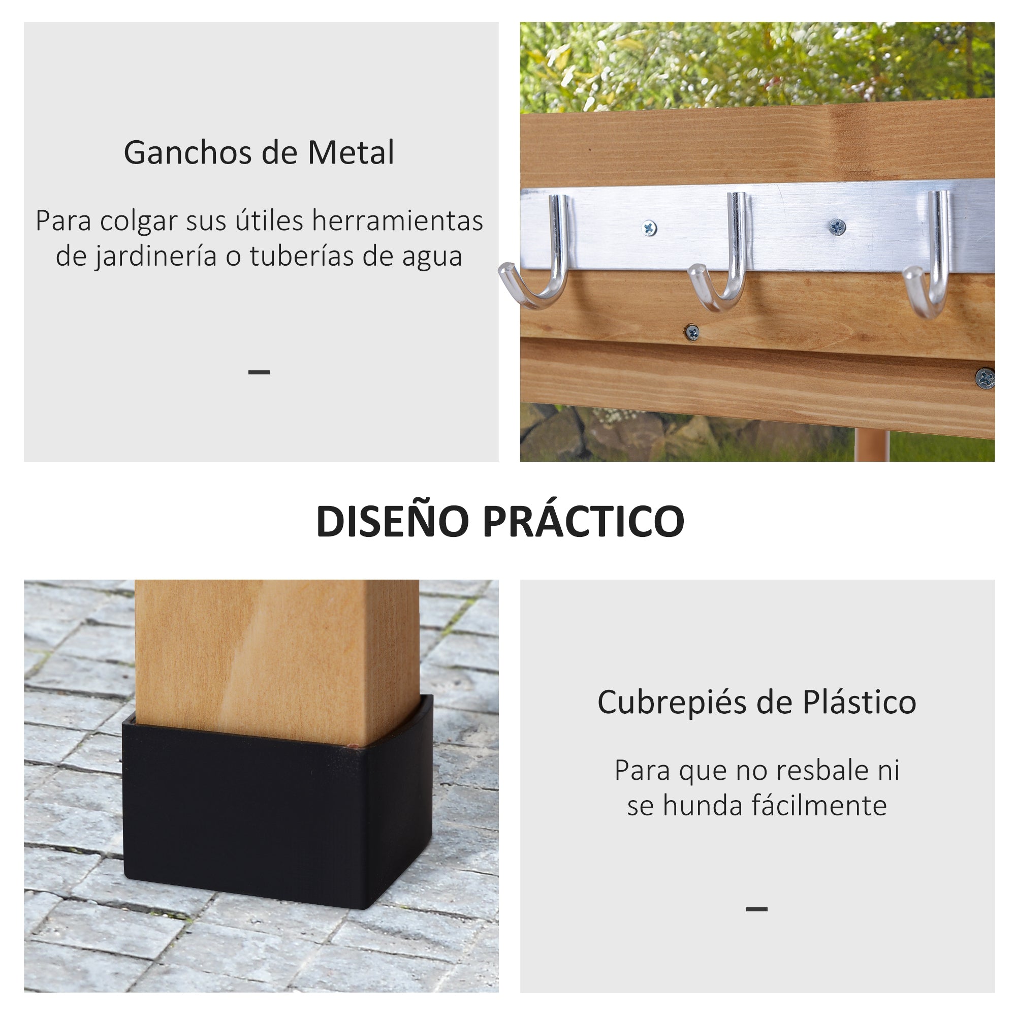 3-Tier Wooden Planting Table Gardening Table with Metal Plate, 2 Shelves, and Hooks Weather-Resistant for Garden Terrace Balcony 76x37x89 cm Natural Wood