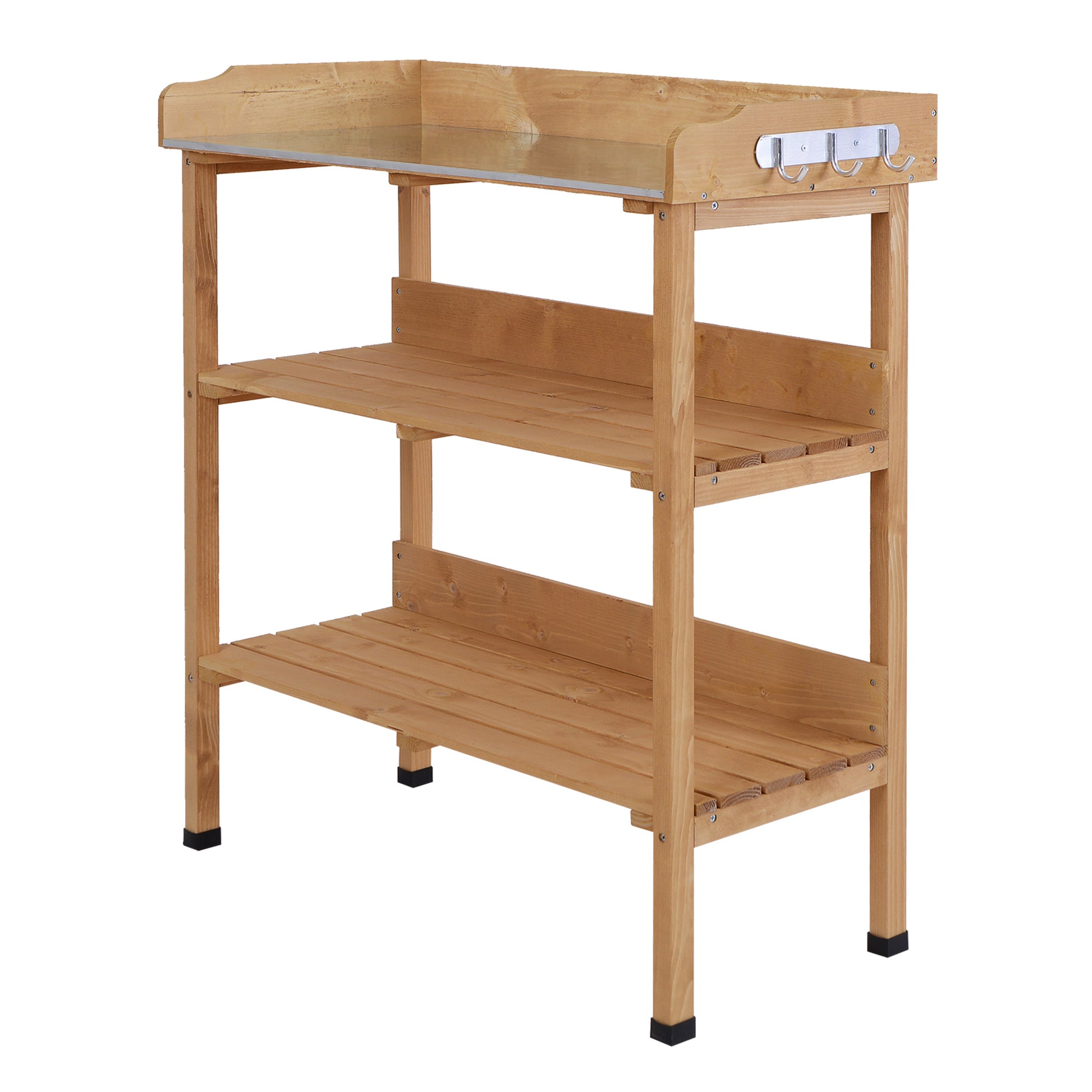 3-Tier Wooden Planting Table Gardening Table with Metal Plate, 2 Shelves, and Hooks Weather-Resistant for Garden Terrace Balcony 76x37x89 cm Natural Wood