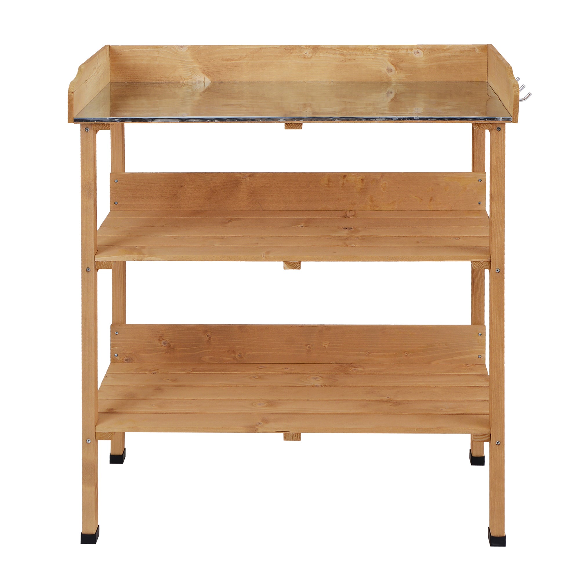 3-Tier Wooden Planting Table Gardening Table with Metal Plate, 2 Shelves, and Hooks Weather-Resistant for Garden Terrace Balcony 76x37x89 cm Natural Wood
