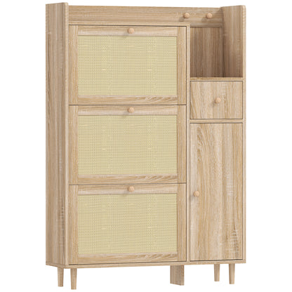 Shoe Cabinet Shoe Rack with 3 Foldable Drawers with Rattan Fronts for 12 Pairs of Shoes Adjustable Shelves Narrow Shoe Cabinet for Hallway Entryway 80x23x120 cm Oak