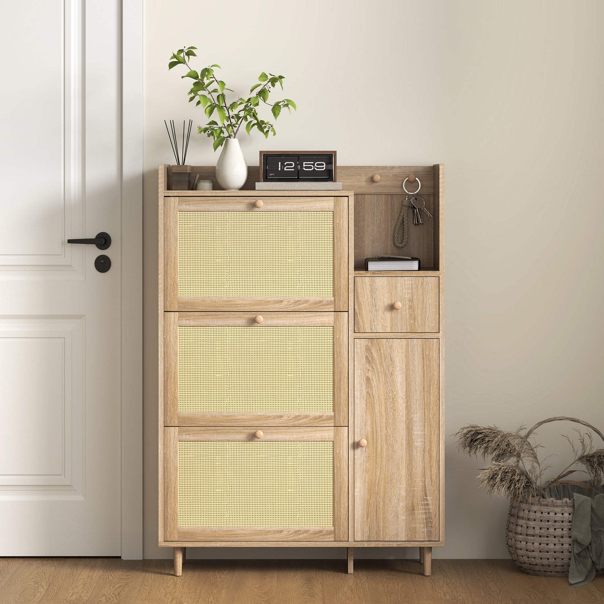 Shoe Cabinet Shoe Rack with 3 Foldable Drawers with Rattan Fronts for 12 Pairs of Shoes Adjustable Shelves Narrow Shoe Cabinet for Hallway Entryway 80x23x120 cm Oak