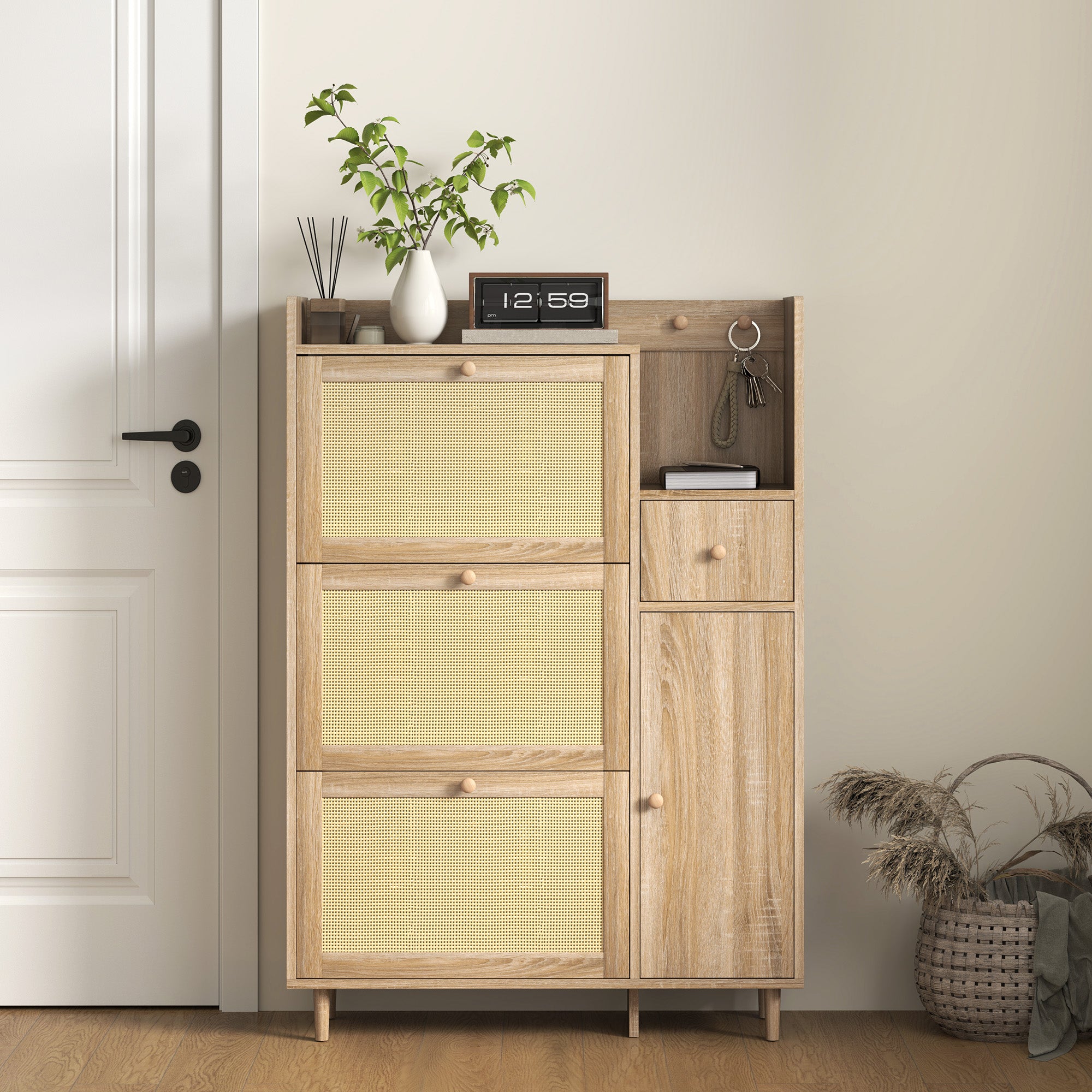 Shoe Cabinet Shoe Rack with 3 Foldable Drawers with Rattan Fronts for 12 Pairs of Shoes Adjustable Shelves Narrow Shoe Cabinet for Hallway Entryway 80x23x120 cm Oak