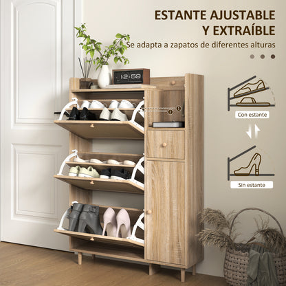Shoe Cabinet Shoe Rack with 3 Foldable Drawers with Rattan Fronts for 12 Pairs of Shoes Adjustable Shelves Narrow Shoe Cabinet for Hallway Entryway 80x23x120 cm Oak