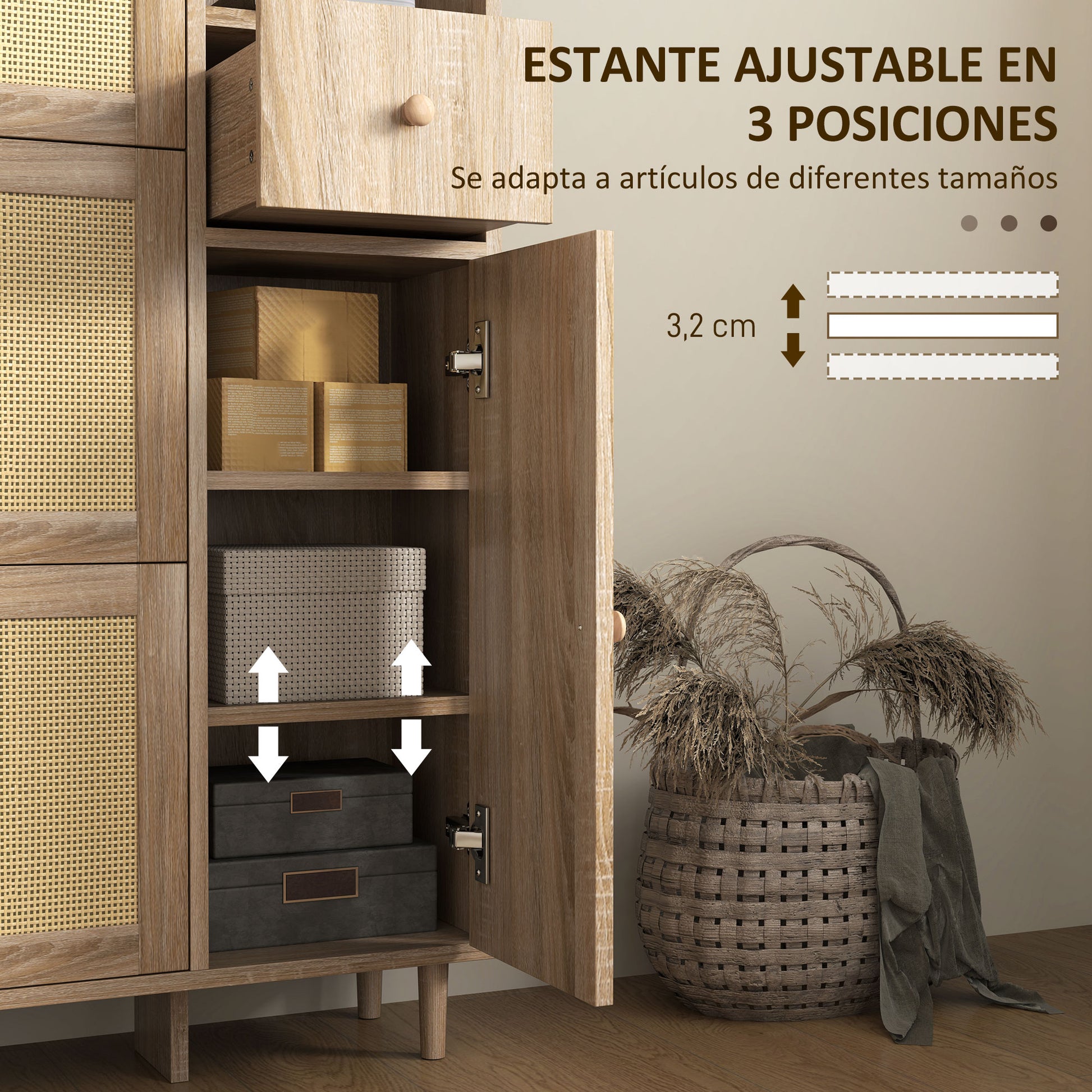 Shoe Cabinet Shoe Rack with 3 Foldable Drawers with Rattan Fronts for 12 Pairs of Shoes Adjustable Shelves Narrow Shoe Cabinet for Hallway Entryway 80x23x120 cm Oak