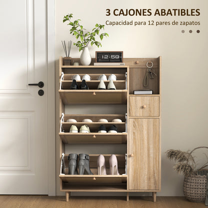 Shoe Cabinet Shoe Rack with 3 Foldable Drawers with Rattan Fronts for 12 Pairs of Shoes Adjustable Shelves Narrow Shoe Cabinet for Hallway Entryway 80x23x120 cm Oak