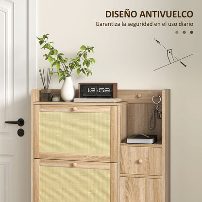 Shoe Cabinet Shoe Rack with 3 Foldable Drawers with Rattan Fronts for 12 Pairs of Shoes Adjustable Shelves Narrow Shoe Cabinet for Hallway Entryway 80x23x120 cm Oak