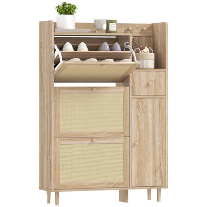 Shoe Cabinet Shoe Rack with 3 Foldable Drawers with Rattan Fronts for 12 Pairs of Shoes Adjustable Shelves Narrow Shoe Cabinet for Hallway Entryway 80x23x120 cm Oak