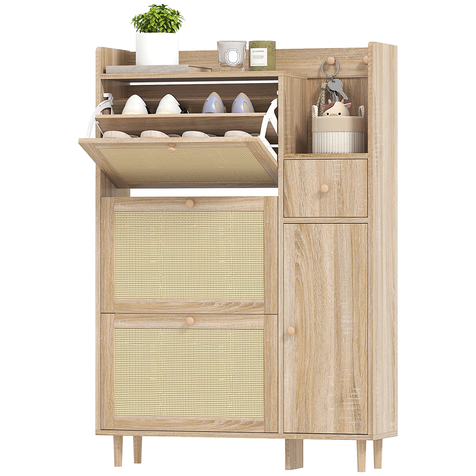 Shoe Cabinet Shoe Rack with 3 Foldable Drawers with Rattan Fronts for 12 Pairs of Shoes Adjustable Shelves Narrow Shoe Cabinet for Hallway Entryway 80x23x120 cm Oak
