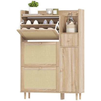Shoe Cabinet Shoe Rack with 3 Foldable Drawers with Rattan Fronts for 12 Pairs of Shoes Adjustable Shelves Narrow Shoe Cabinet for Hallway Entryway 80x23x120 cm Oak