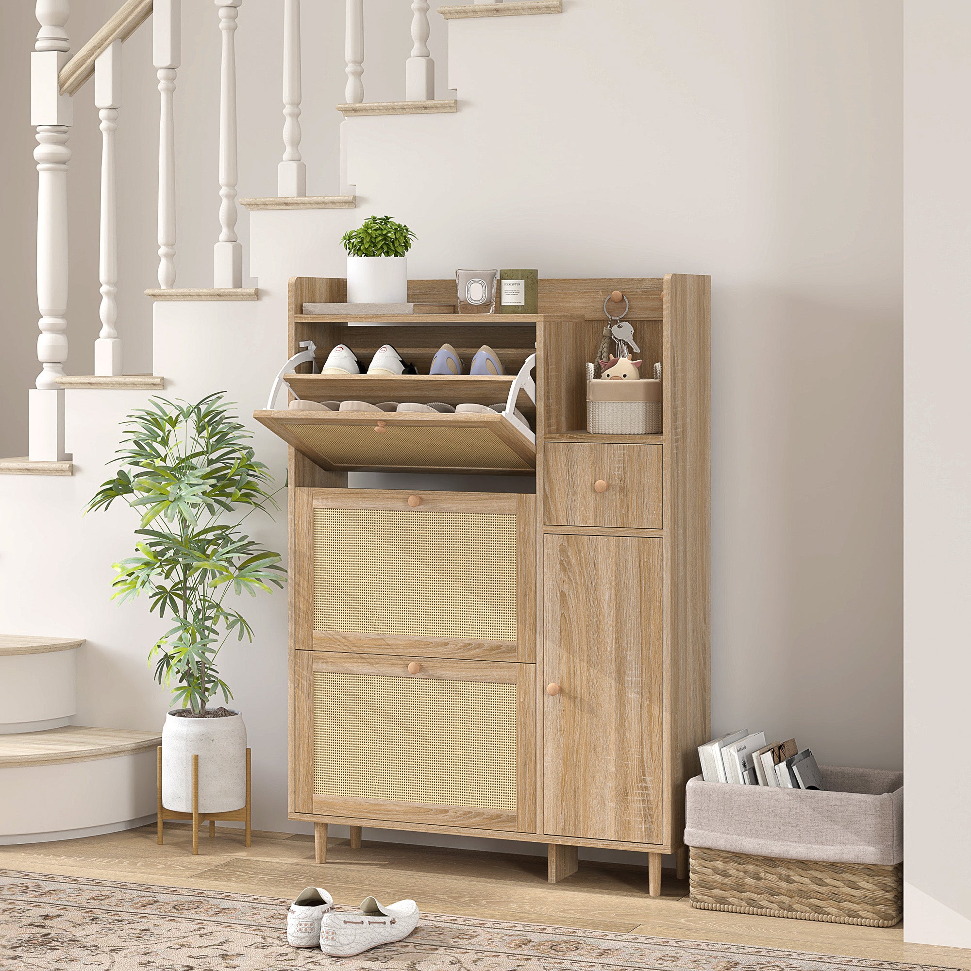 Shoe Cabinet Shoe Rack with 3 Foldable Drawers with Rattan Fronts for 12 Pairs of Shoes Adjustable Shelves Narrow Shoe Cabinet for Hallway Entryway 80x23x120 cm Oak