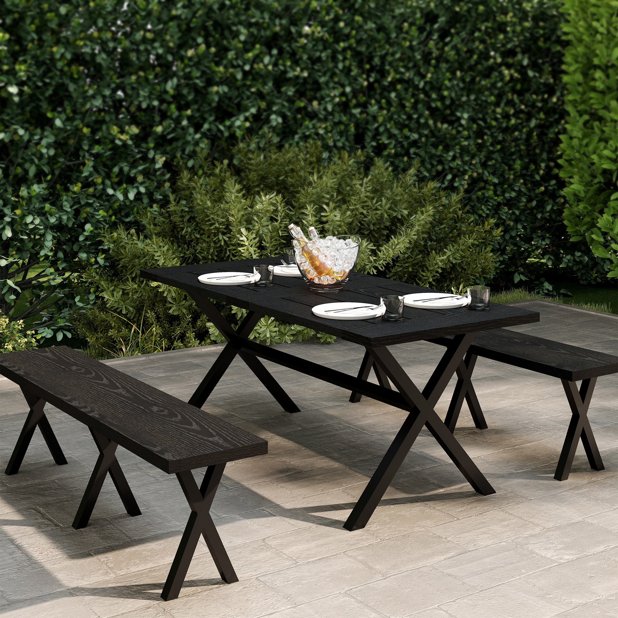 Beer Tent Set, 3-piece festival tent set with aluminum table, 2 steel benches, umbrella hole, garden furniture set with wood finish for terrace, balcony, 180 x 80 x 73 cm, Black