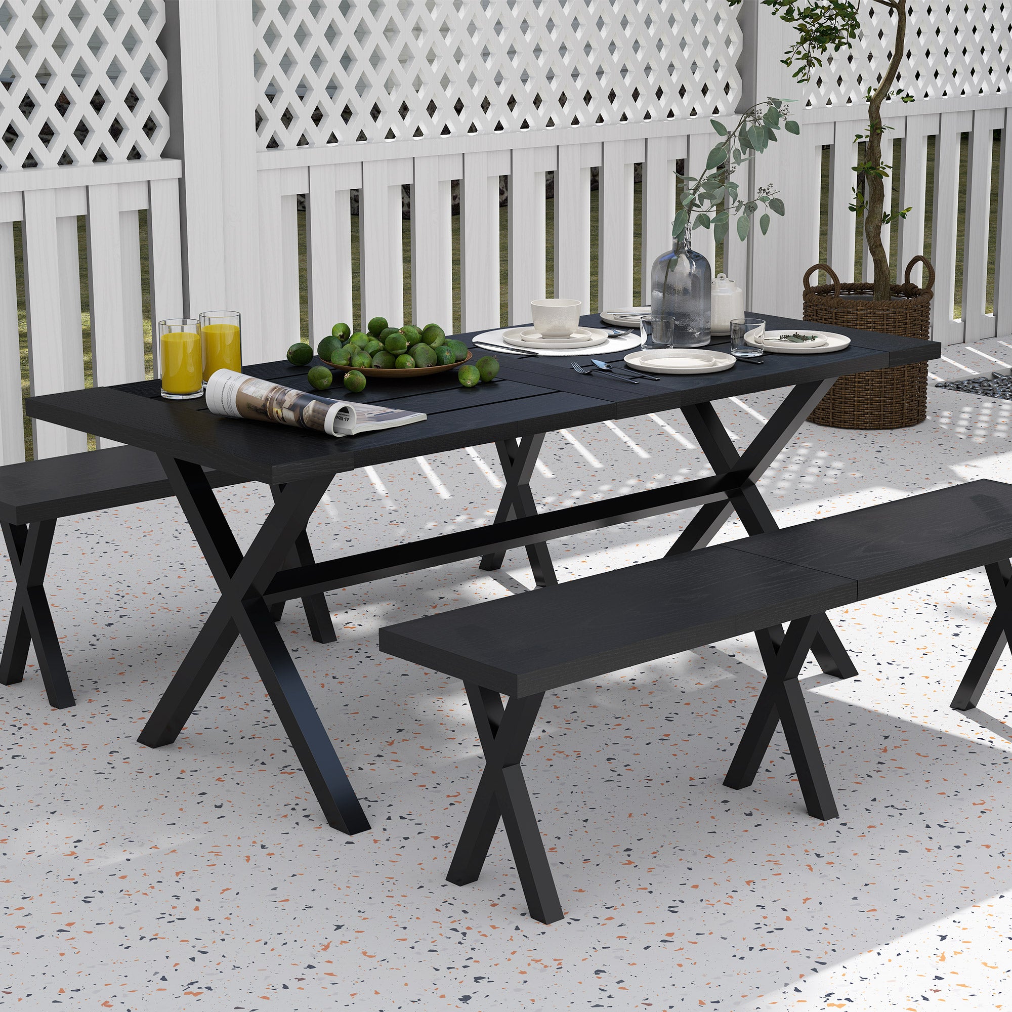 Beer Tent Set, 3-piece festival tent set with aluminum table, 2 steel benches, umbrella hole, garden furniture set with wood finish for terrace, balcony, 180 x 80 x 73 cm, Black