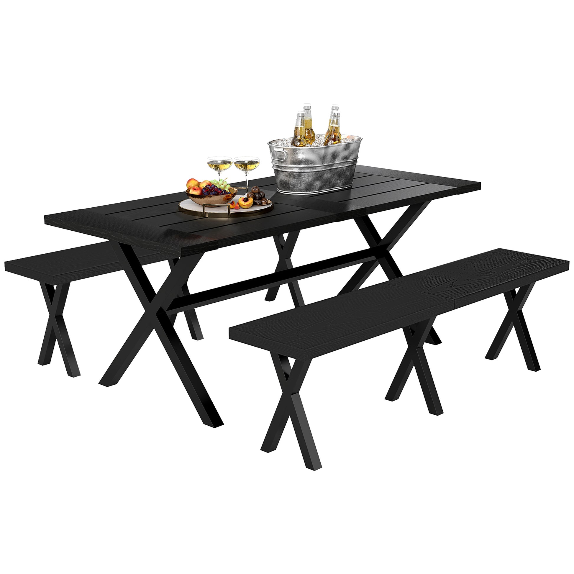 Beer Tent Set, 3-piece festival tent set with aluminum table, 2 steel benches, umbrella hole, garden furniture set with wood finish for terrace, balcony, 180 x 80 x 73 cm, Black