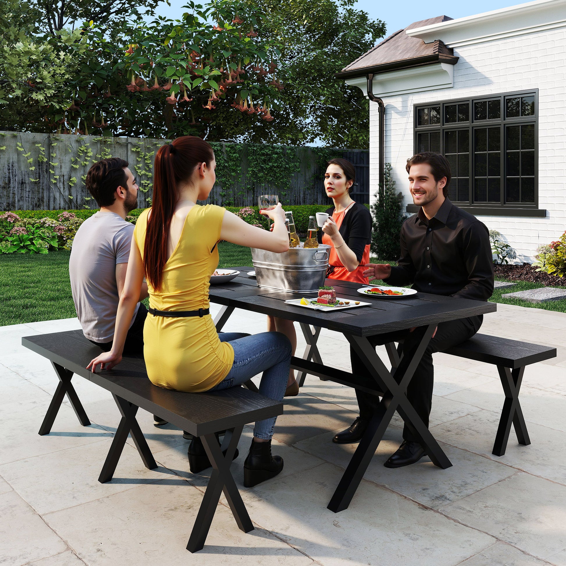 Beer Tent Set, 3-piece festival tent set with aluminum table, 2 steel benches, umbrella hole, garden furniture set with wood finish for terrace, balcony, 180 x 80 x 73 cm, Black