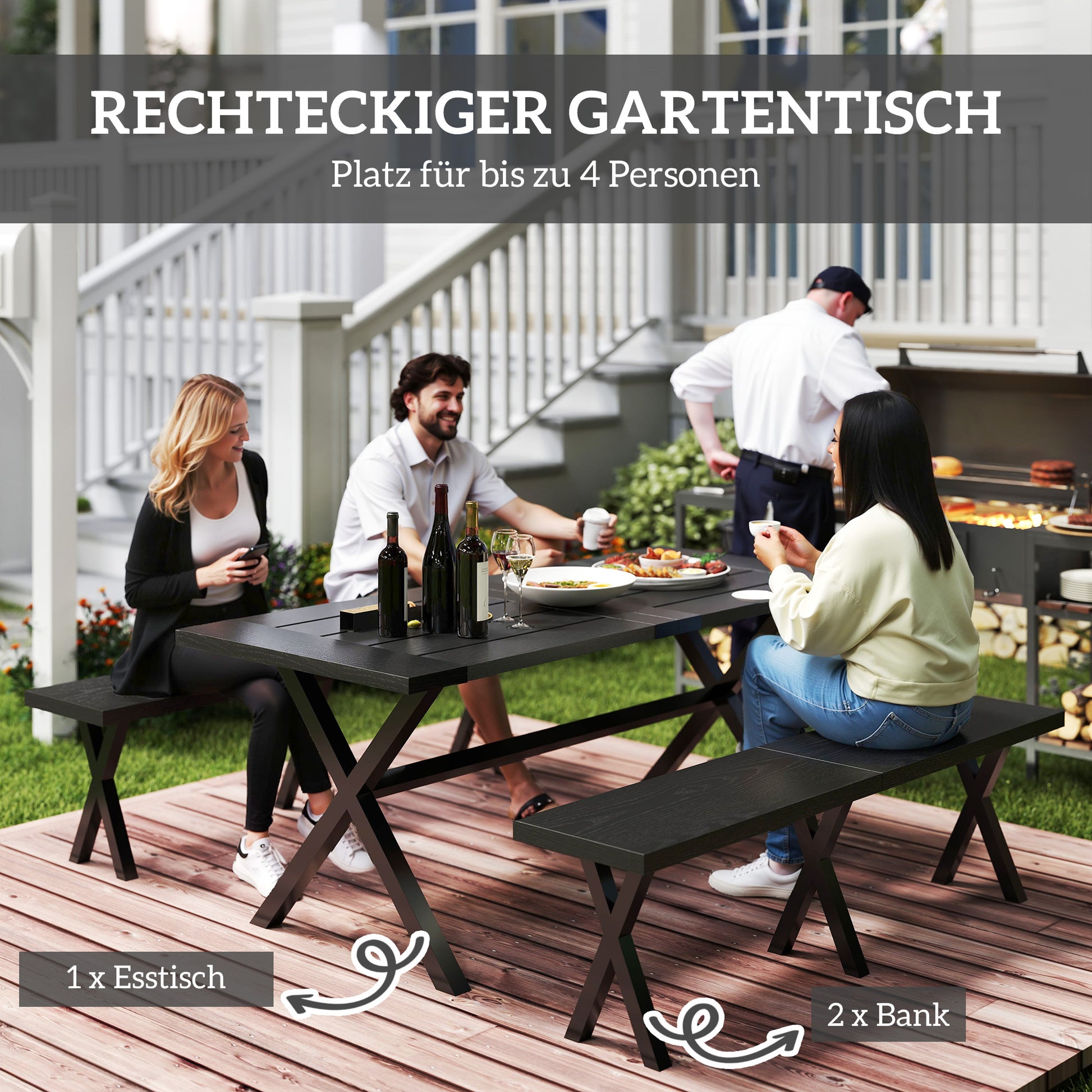 Beer Tent Set, 3-piece festival tent set with aluminum table, 2 steel benches, umbrella hole, garden furniture set with wood finish for terrace, balcony, 180 x 80 x 73 cm, Black
