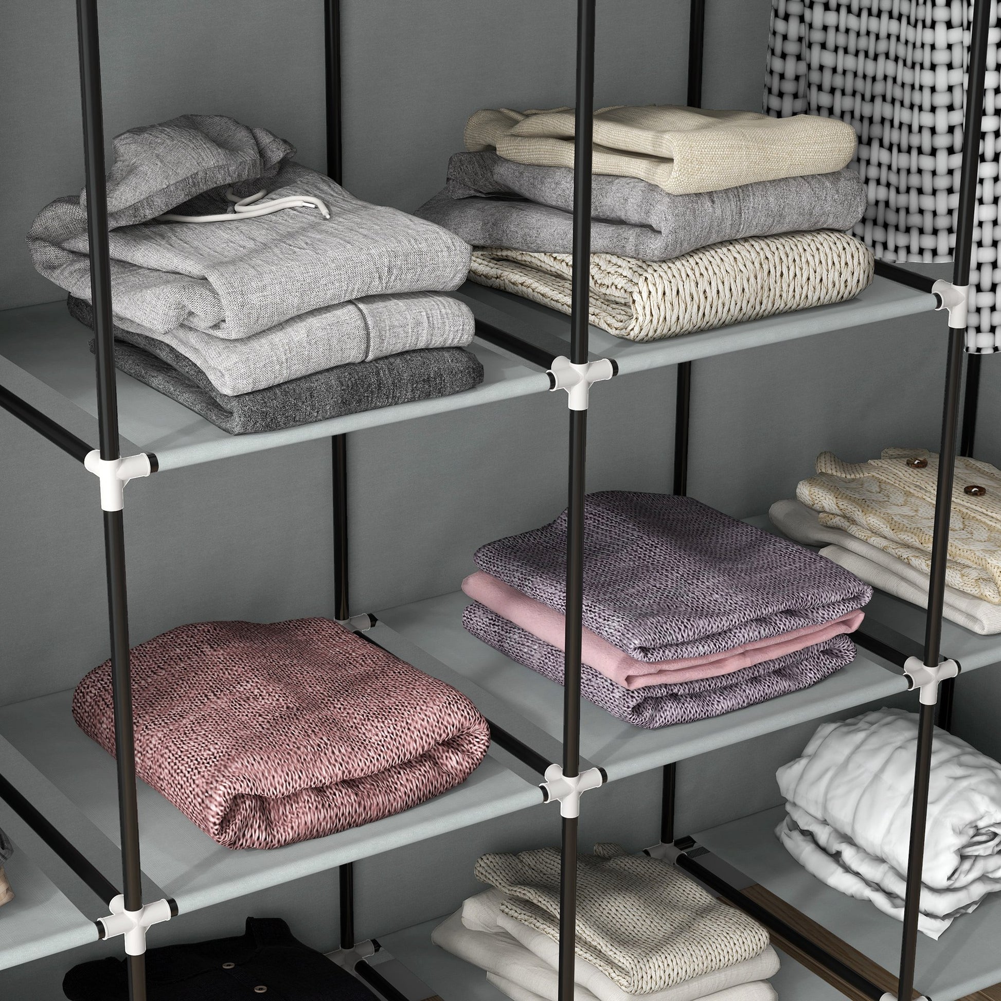 Fabric Wardrobe Closet, Foldable Wardrobe with Clothes Rail, 10 Compartments, 4 Drawers, Wardrobe in Fleece Look for Bedroom, Hallway, Dark Gray, 166 x 42.5 x 169.5 cm