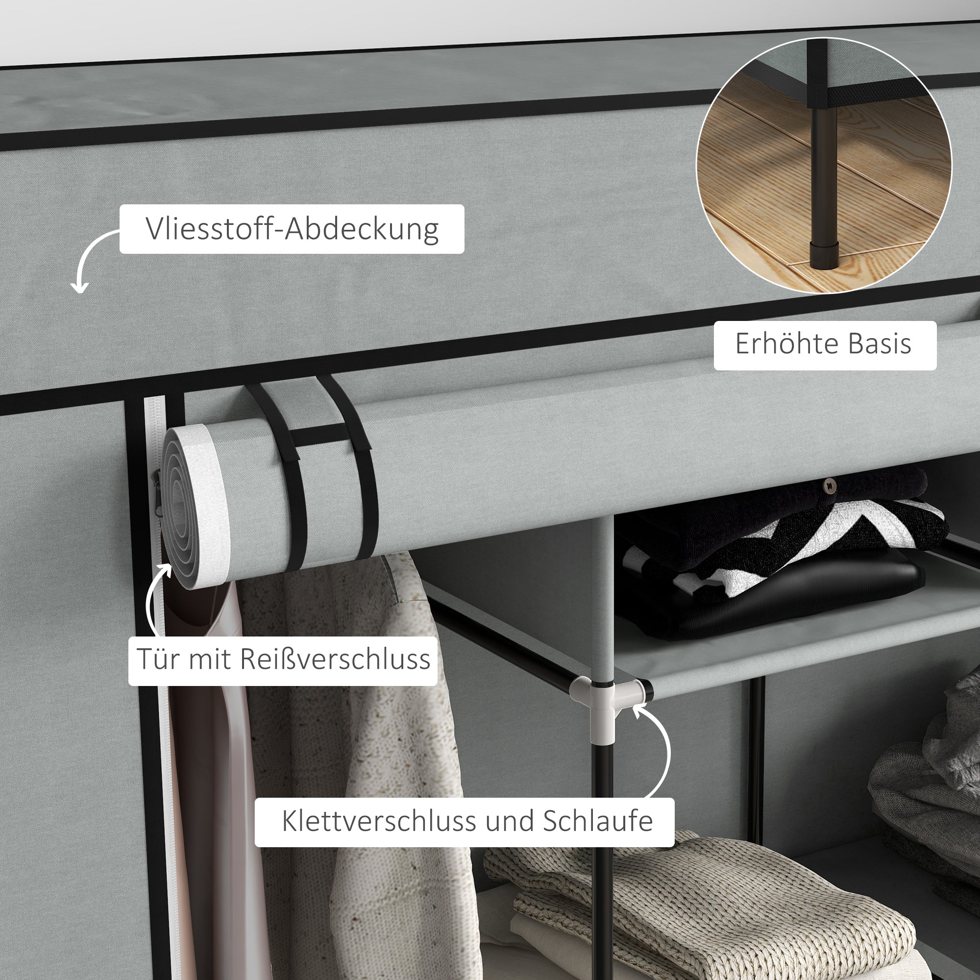 Fabric Wardrobe Closet, Foldable Wardrobe with Clothes Rail, 10 Compartments, 4 Drawers, Wardrobe in Fleece Look for Bedroom, Hallway, Dark Gray, 166 x 42.5 x 169.5 cm