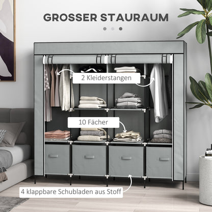 Fabric Wardrobe Closet, Foldable Wardrobe with Clothes Rail, 10 Compartments, 4 Drawers, Wardrobe in Fleece Look for Bedroom, Hallway, Dark Gray, 166 x 42.5 x 169.5 cm