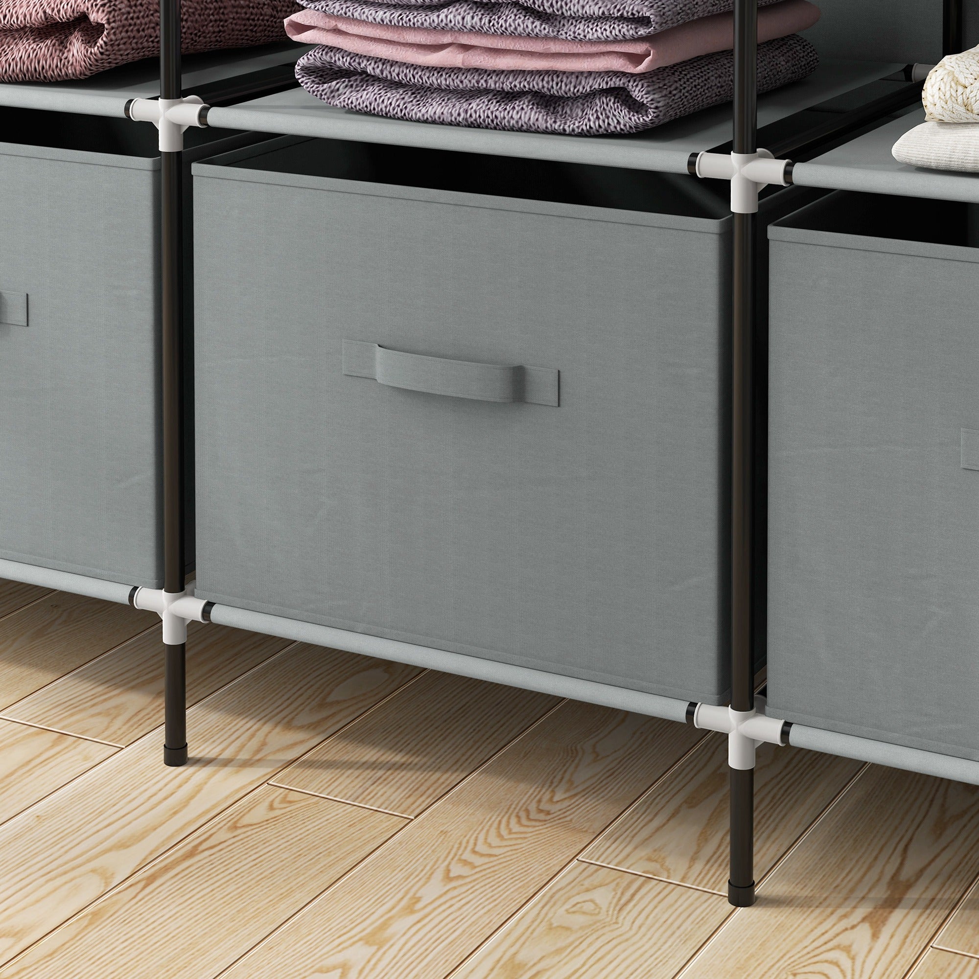 Fabric Wardrobe Closet, Foldable Wardrobe with Clothes Rail, 10 Compartments, 4 Drawers, Wardrobe in Fleece Look for Bedroom, Hallway, Dark Gray, 166 x 42.5 x 169.5 cm