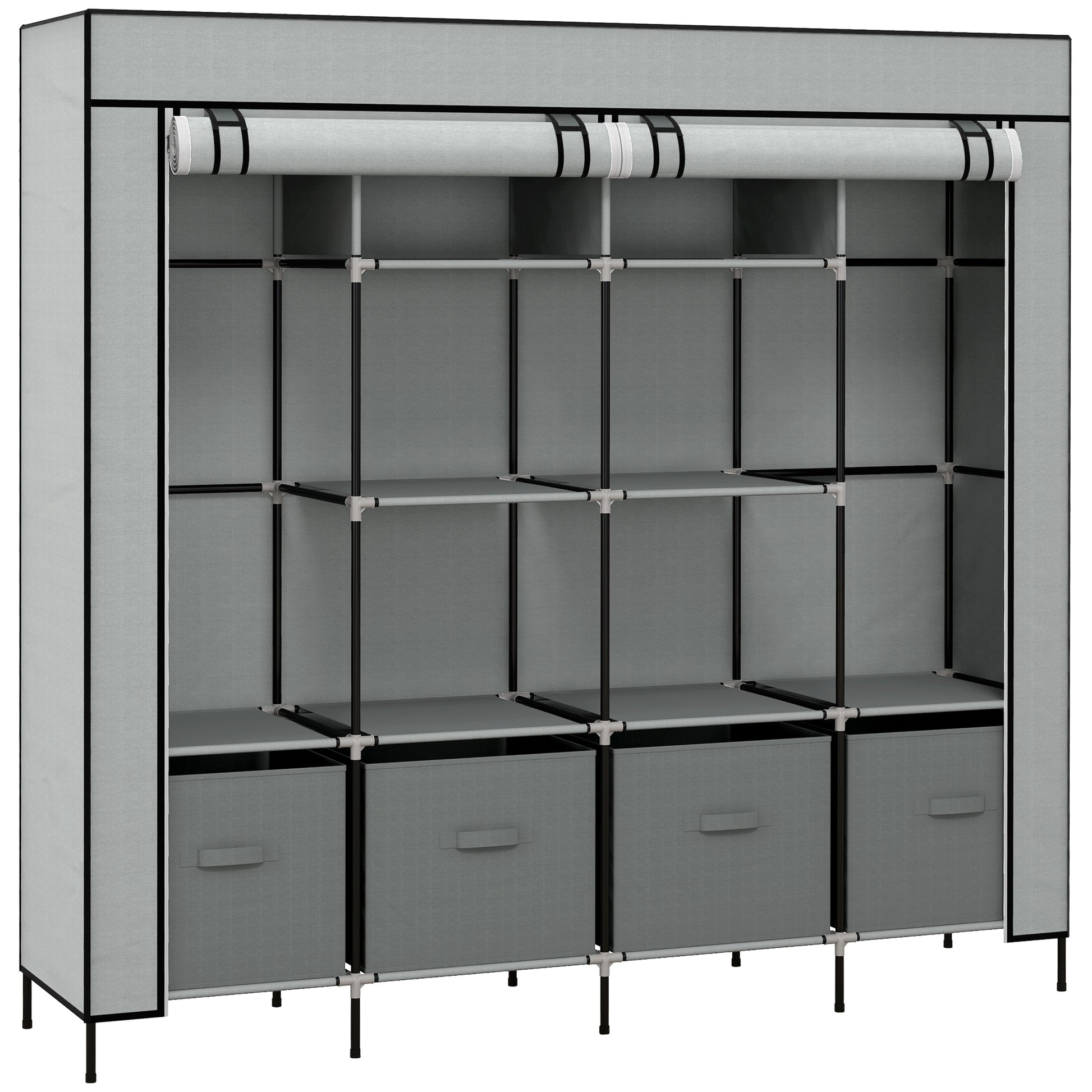 Fabric Wardrobe Closet, Foldable Wardrobe with Clothes Rail, 10 Compartments, 4 Drawers, Wardrobe in Fleece Look for Bedroom, Hallway, Dark Gray, 166 x 42.5 x 169.5 cm