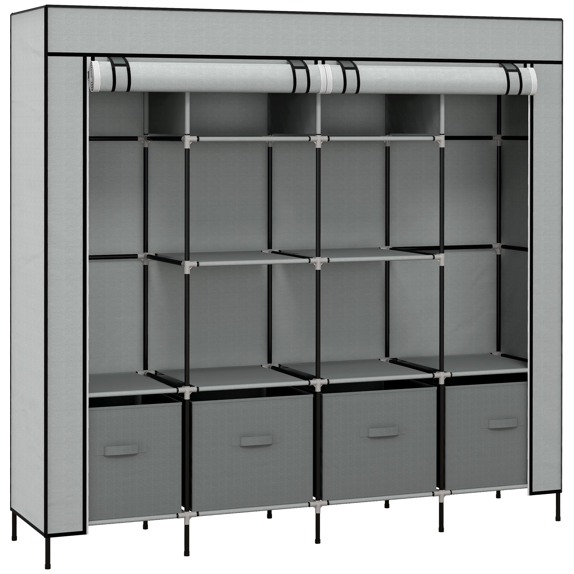 Fabric Wardrobe Closet, Foldable Wardrobe with Clothes Rail, 10 Compartments, 4 Drawers, Wardrobe in Fleece Look for Bedroom, Hallway, Dark Gray, 166 x 42.5 x 169.5 cm