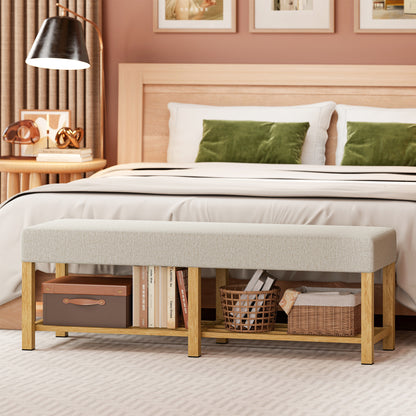 Shoe Bench — Modern Entryway Bench with Padded Seat for 2, Open Shoe Shelf, Rubberwood Frame, for Entryway, Hall, Living Room, 55.1 x 17.3 x 18.9 in, Cream & Natural Wood