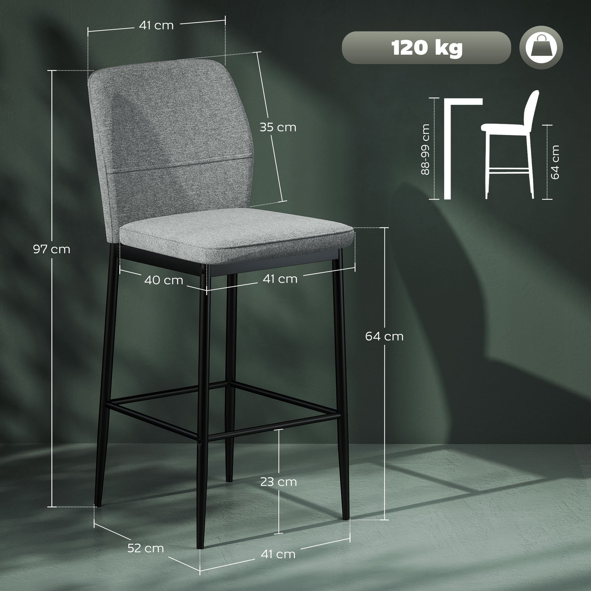 Set of 2 Bar Stools High Kitchen Stools with Backrest and Footrest Upholstered in Velvet Steel Frame Modern High Stools for Dining Counter Gray