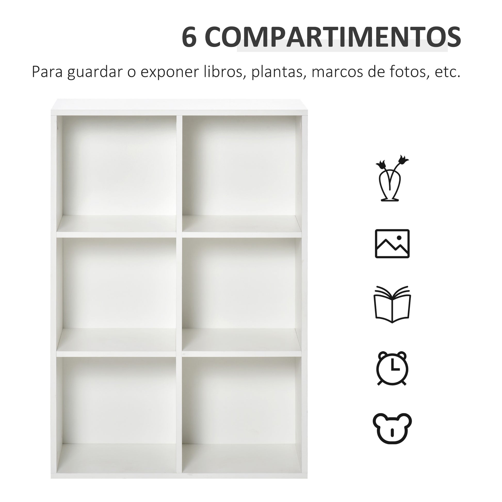 Bookshelf Wooden 3-Tier Shelves with 6 Storage Cubes for Living Room Bedroom Office 65.5x30x97.5 cm White
