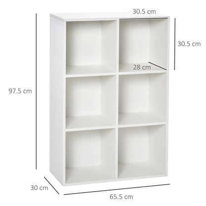 Bookshelf Wooden 3-Tier Shelves with 6 Storage Cubes for Living Room Bedroom Office 65.5x30x97.5 cm White