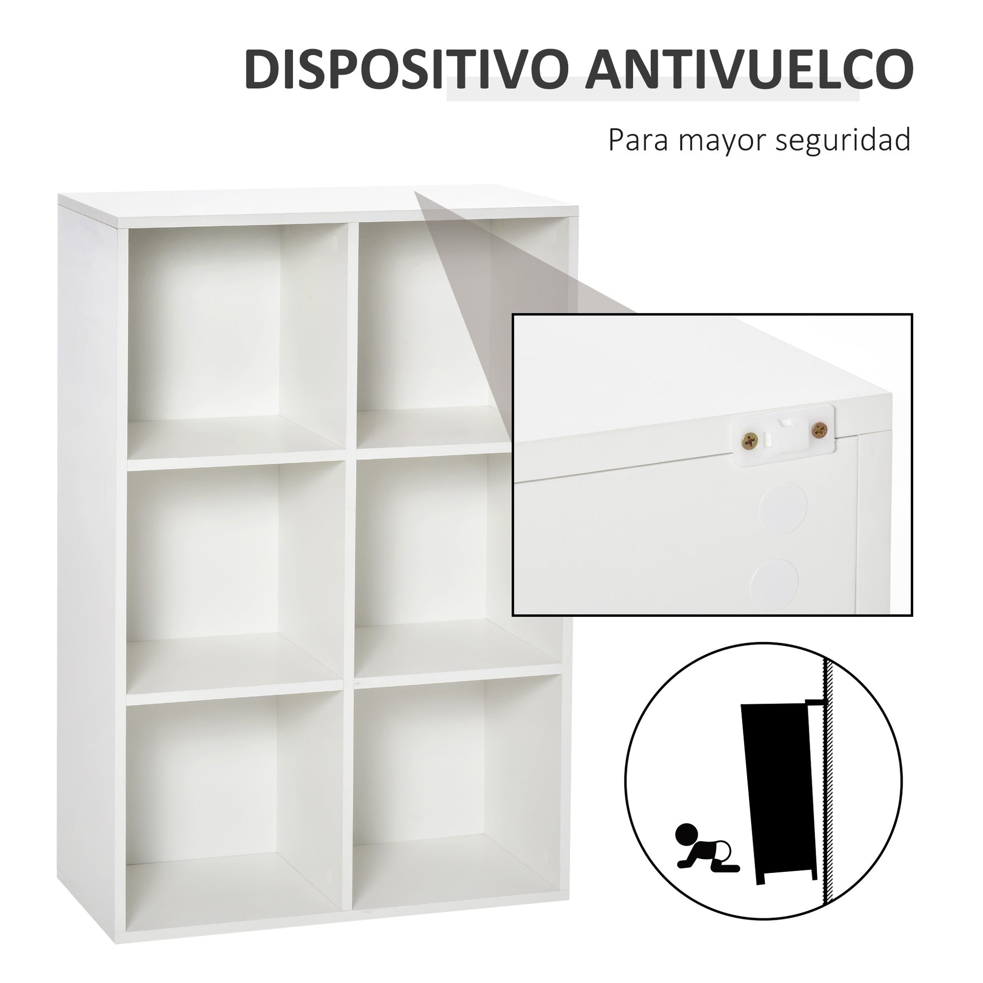 Bookshelf Wooden 3-Tier Shelves with 6 Storage Cubes for Living Room Bedroom Office 65.5x30x97.5 cm White