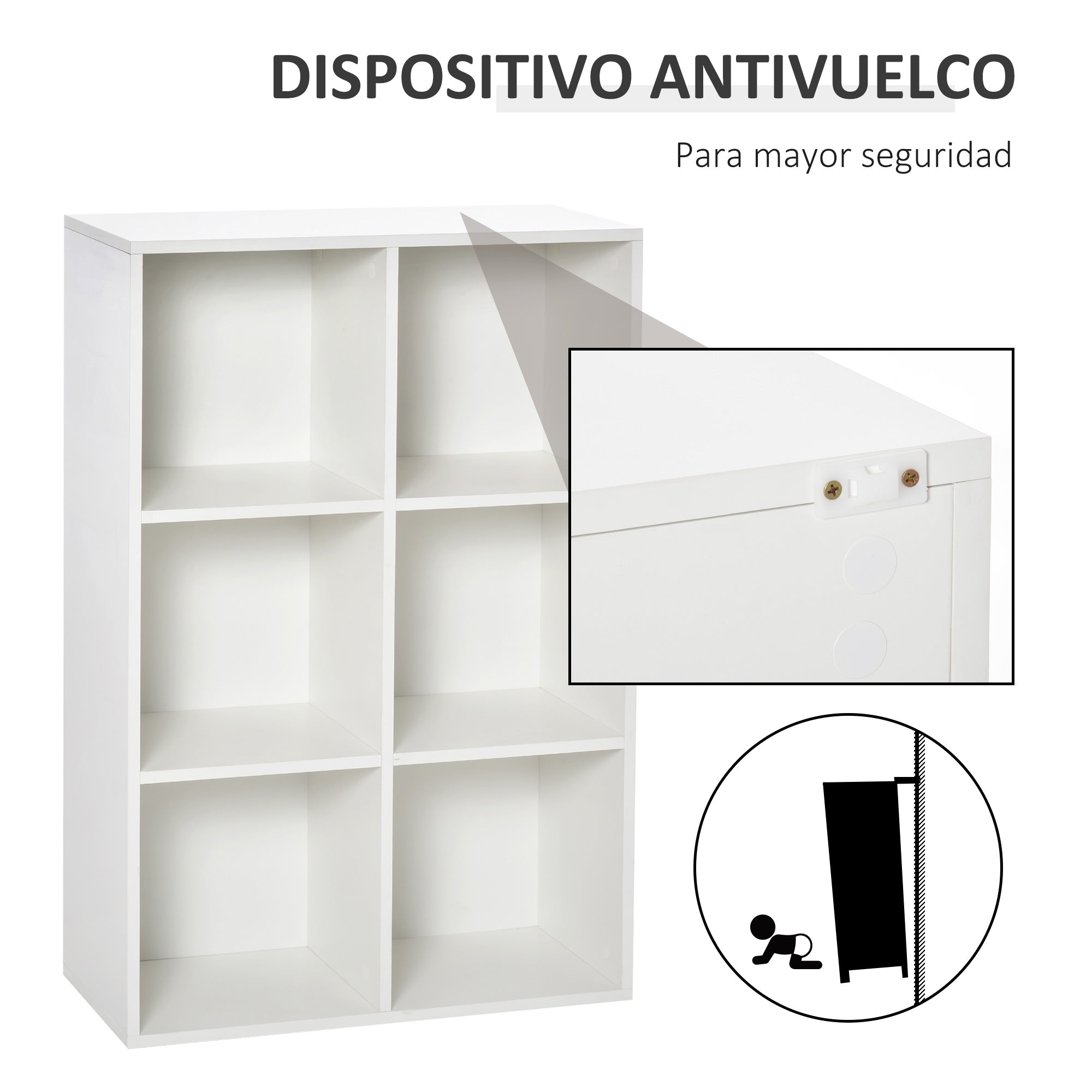 Bookshelf Wooden 3-Tier Shelves with 6 Storage Cubes for Living Room Bedroom Office 65.5x30x97.5 cm White