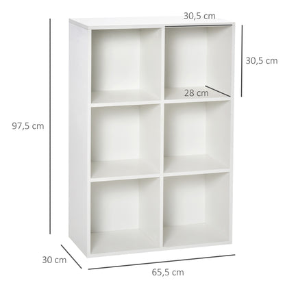 Bookshelf Wooden 3-Tier Shelves with 6 Storage Cubes for Living Room Bedroom Office 65.5x30x97.5 cm White