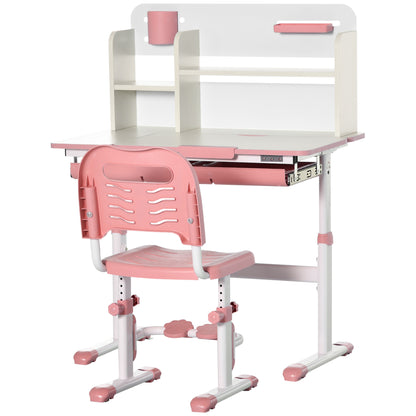 Kids Desk and Chair Set for 3+ Years Adjustable Height Children's Desk with Tiltable Desktop Drawer and Bookshelf 80x52x88-109 cm and 35.5x44.5x66-80 cm Pink