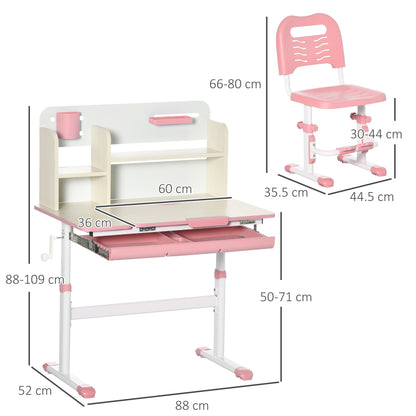 Kids Desk and Chair Set for 3+ Years Adjustable Height Children's Desk with Tiltable Desktop Drawer and Bookshelf 80x52x88-109 cm and 35.5x44.5x66-80 cm Pink