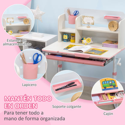 Kids Desk and Chair Set for 3+ Years Adjustable Height Children's Desk with Tiltable Desktop Drawer and Bookshelf 80x52x88-109 cm and 35.5x44.5x66-80 cm Pink