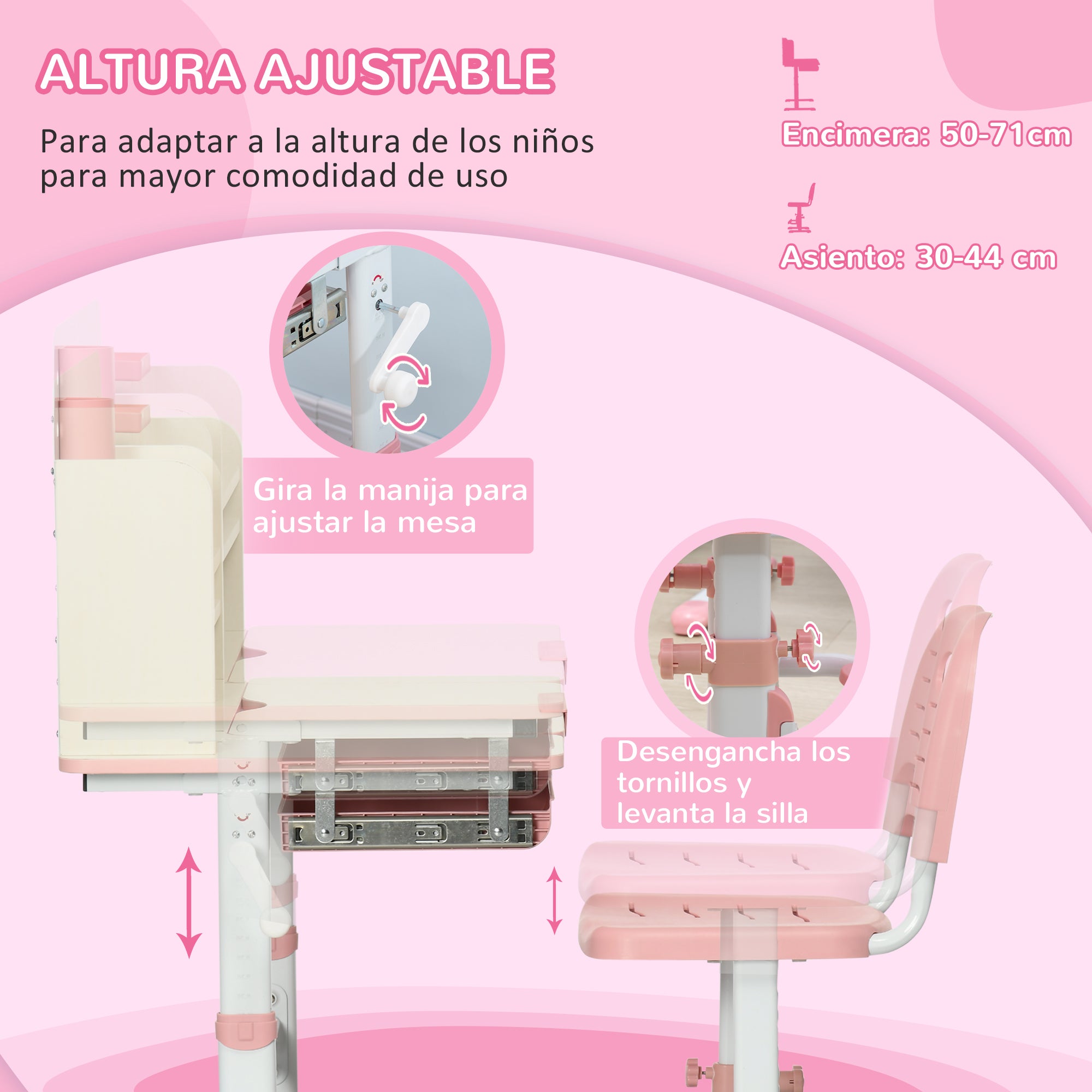 Kids Desk and Chair Set for 3+ Years Adjustable Height Children's Desk with Tiltable Desktop Drawer and Bookshelf 80x52x88-109 cm and 35.5x44.5x66-80 cm Pink