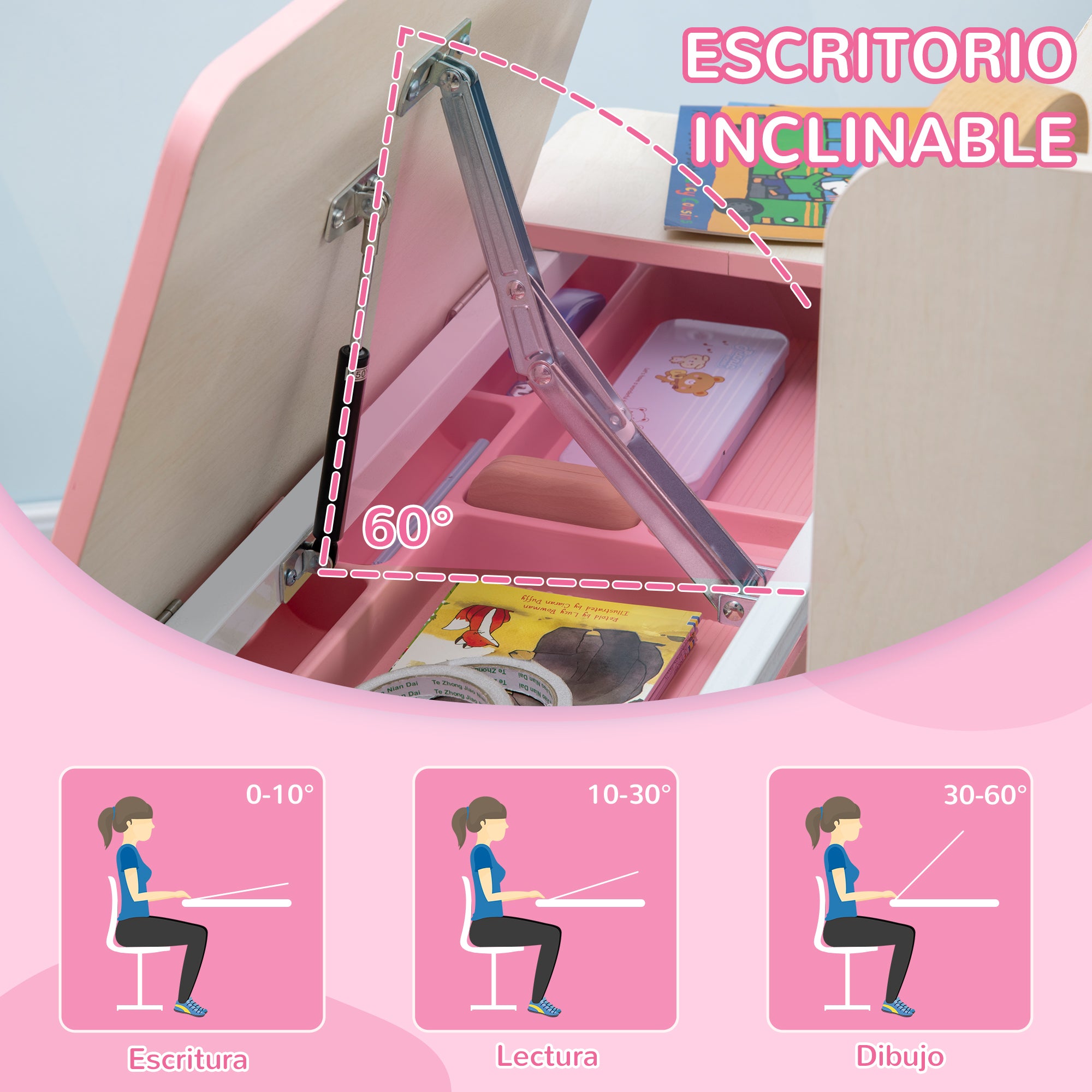 Kids Desk and Chair Set for 3+ Years Adjustable Height Children's Desk with Tiltable Desktop Drawer and Bookshelf 80x52x88-109 cm and 35.5x44.5x66-80 cm Pink