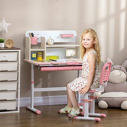 Kids Desk and Chair Set for 3+ Years Adjustable Height Children's Desk with Tiltable Desktop Drawer and Bookshelf 80x52x88-109 cm and 35.5x44.5x66-80 cm Pink