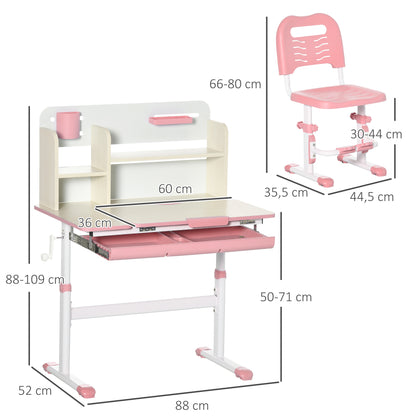 Kids Desk and Chair Set for 3+ Years Adjustable Height Children's Desk with Tiltable Desktop Drawer and Bookshelf 80x52x88-109 cm and 35.5x44.5x66-80 cm Pink