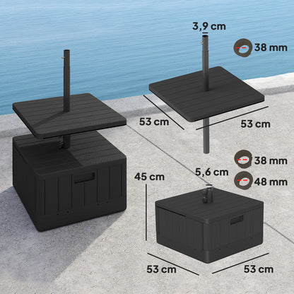 Square Umbrella Stand with Table Tray, HDPE Umbrella Base on Wheels, Water Sand Fillable Umbrella Stand for Terrace Pool Patio Garden 53 x 53 x 45 cm, Black