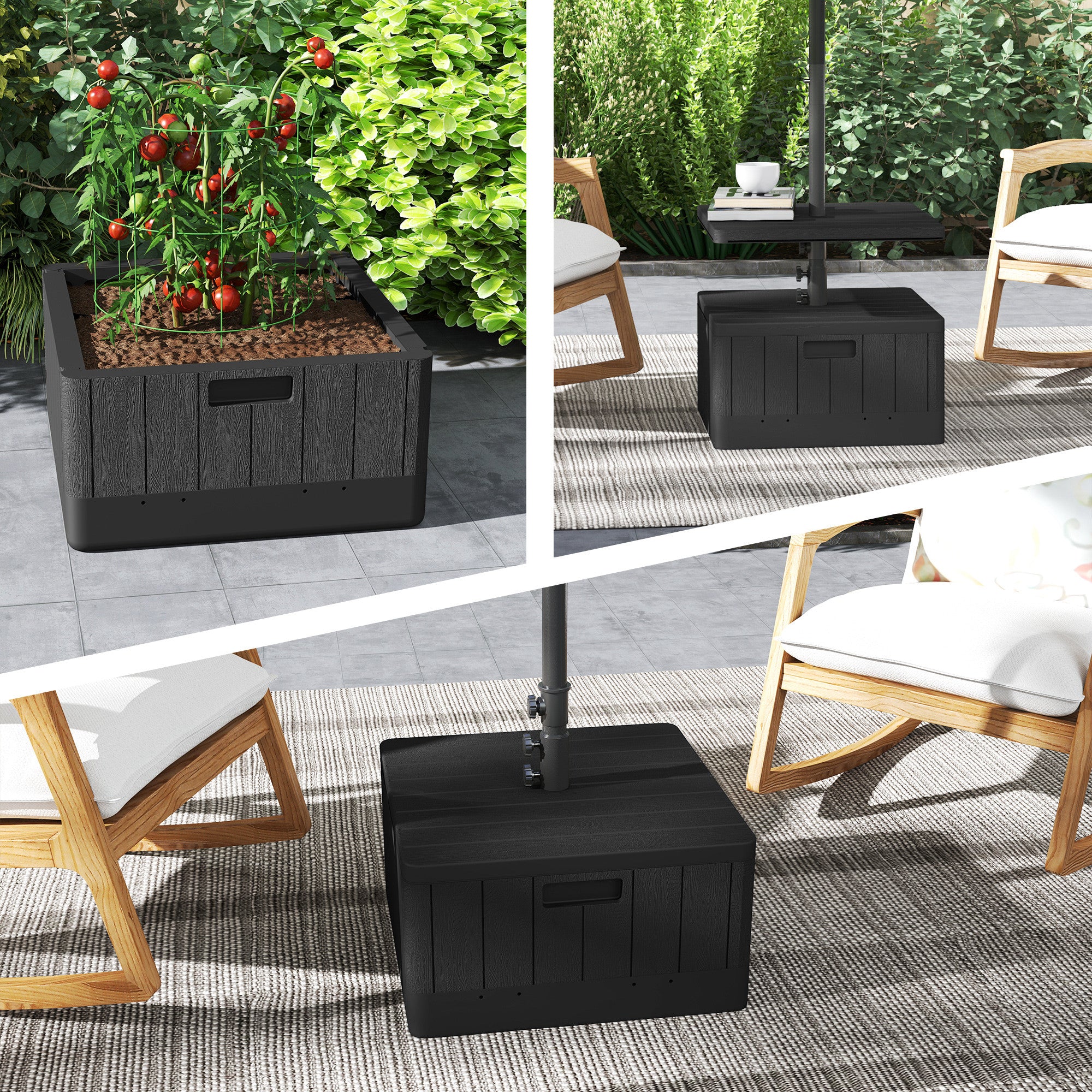 Square Umbrella Stand with Table Tray, HDPE Umbrella Base on Wheels, Water Sand Fillable Umbrella Stand for Terrace Pool Patio Garden 53 x 53 x 45 cm, Black