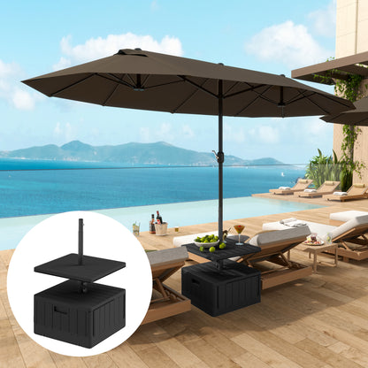 Square Umbrella Stand with Table Tray, HDPE Umbrella Base on Wheels, Water Sand Fillable Umbrella Stand for Terrace Pool Patio Garden 53 x 53 x 45 cm, Black