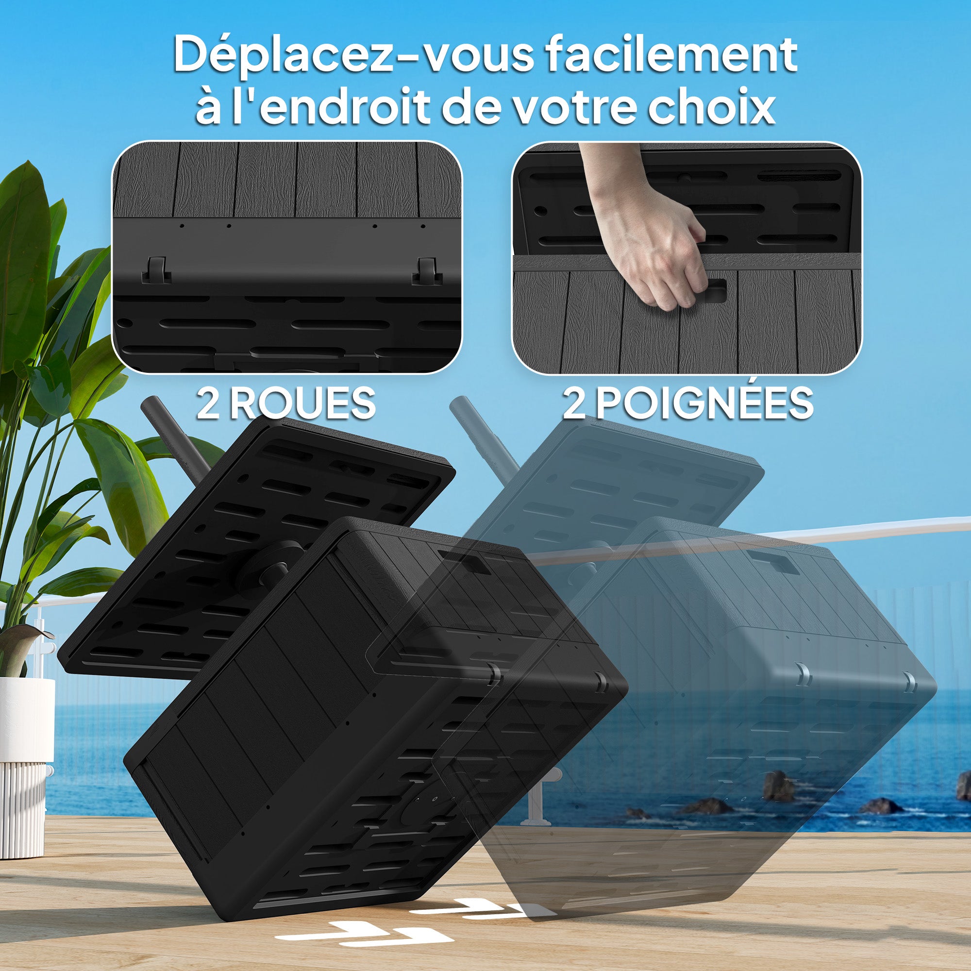 Square Umbrella Stand with Table Tray, HDPE Umbrella Base on Wheels, Water Sand Fillable Umbrella Stand for Terrace Pool Patio Garden 53 x 53 x 45 cm, Black